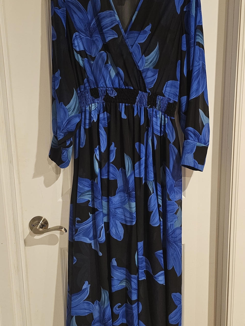 Blue Floral Wrap Maxi Dress with Smocked Waist